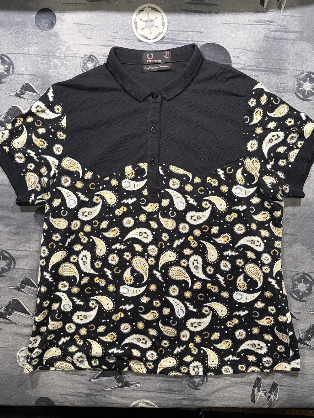FRED PERRY AMY WINEHOUSE PAISLEY WESTERN BLACK GOLD PIQUE  POLO SZ UK 16 US 12